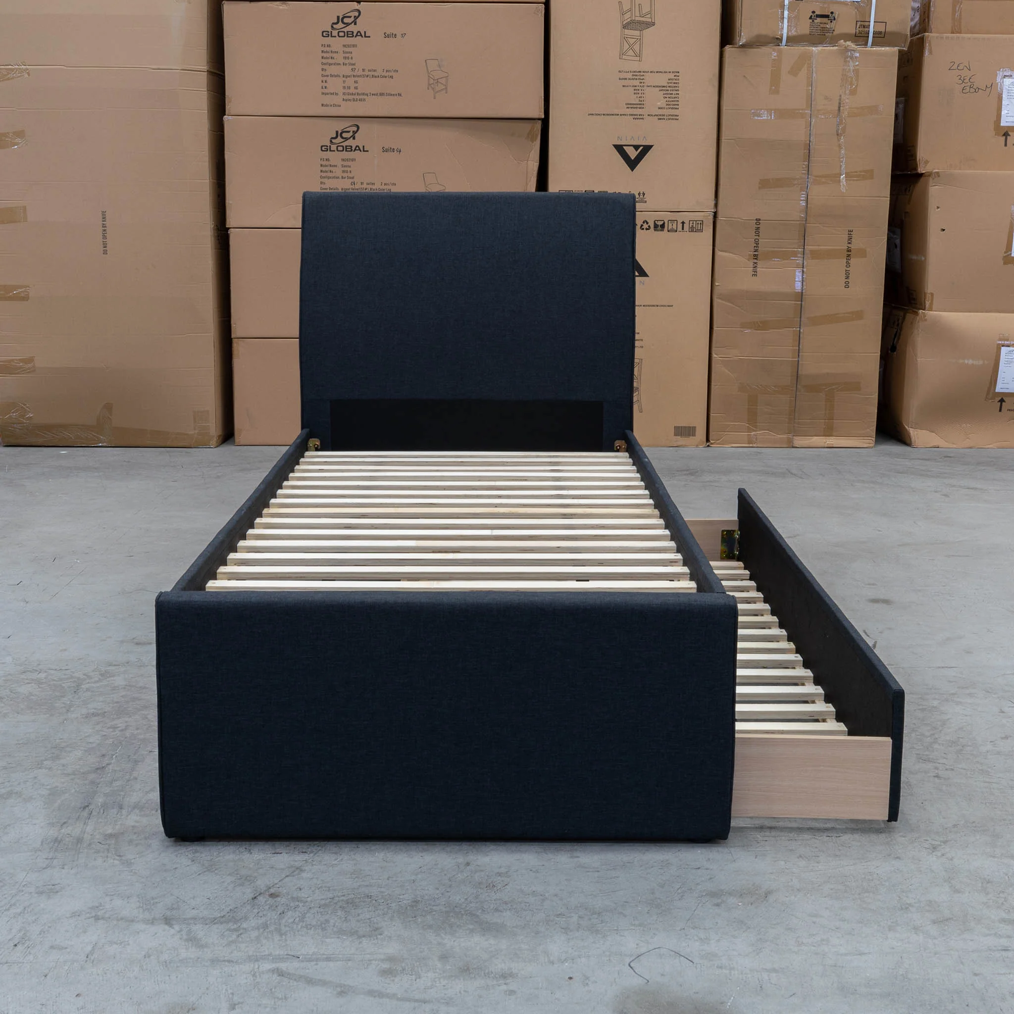 York King Single Fabric Trundle Bed - Charcoal (Reversible Trundle) - Available After 13th March - Image 9