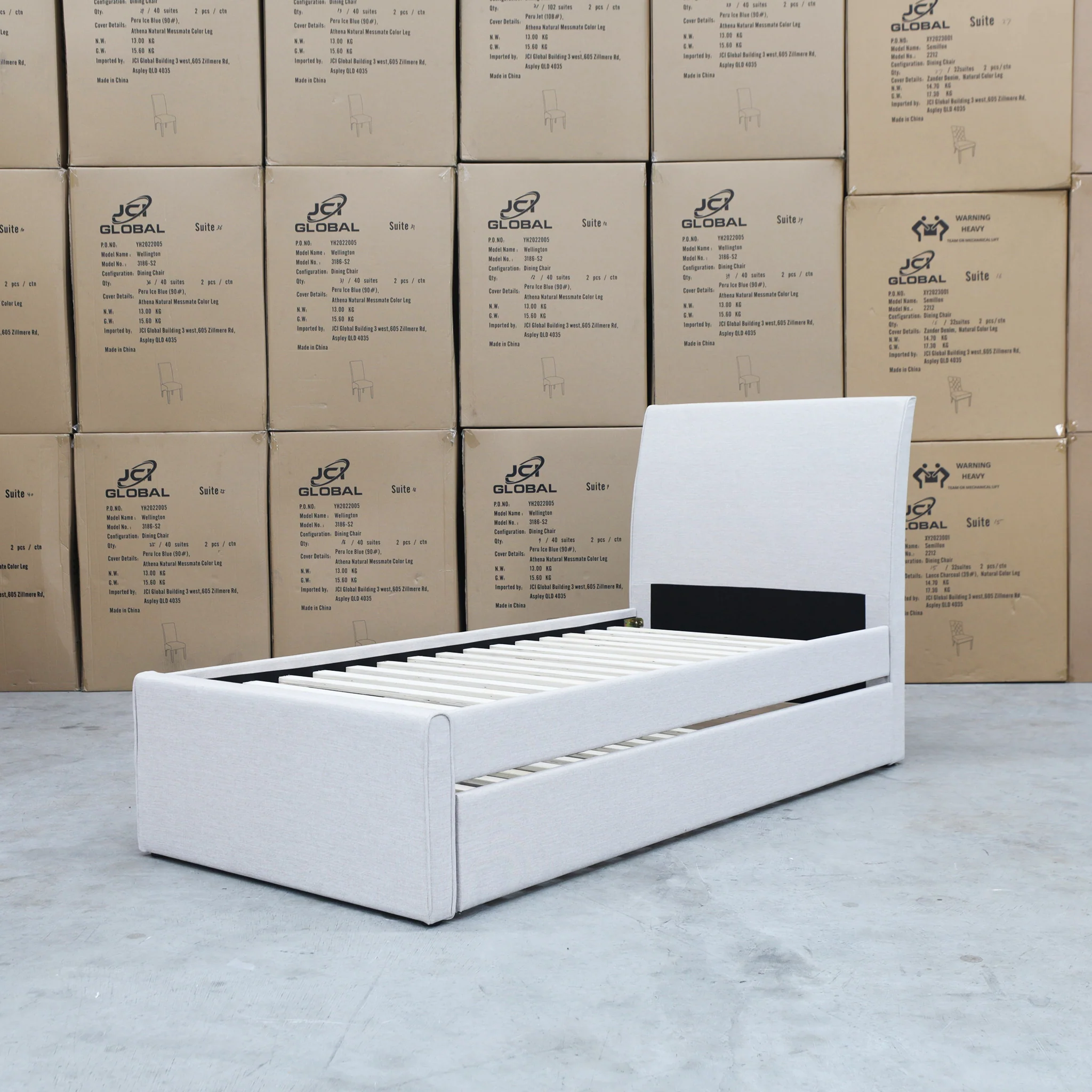 York King Single Fabric Trundle Bed - Oat White (Reversible Trundle) - Available After 13th March - Image 5