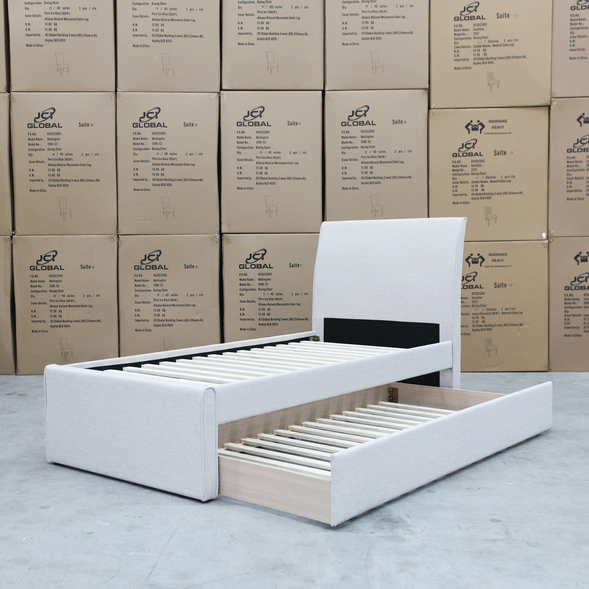 York King Single Fabric Trundle Bed - Oat White (Reversible Trundle) - Available After 13th March - Image 6